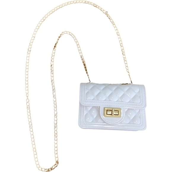 WHITE Quilted Twist Lock Flap Square Bag, Chain Strap Crossbody Bag XS - Picture 2 of 6